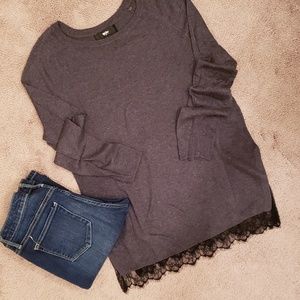 Light weight, dark grey sweater with lace trim